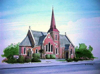 Raymond Morris's painting, 'Methodist Church, Papanui Road, Merivale'