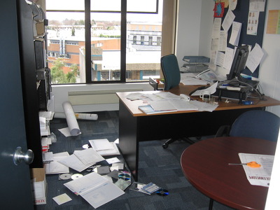 Photo of damage to Vin Smith's office on Aoraki 4th Floor, taken by Natasha Sitarz
